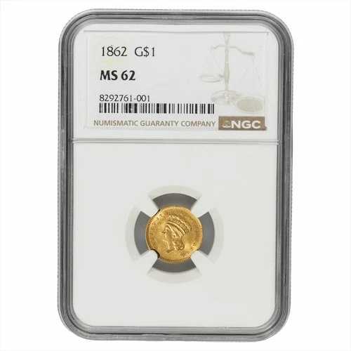 1862年製 大型インディアン・プリンセスヘッド金貨 $1 NGC MS 62