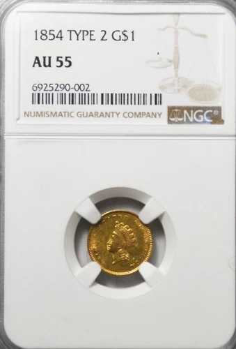 1854年 インディアン・プリンセス 1ドル金貨 タイプ2 フィラデルフィア AU55 NGC