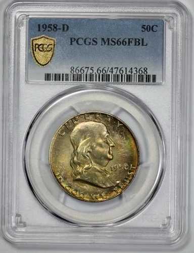 1958-D フランクリン 50セント シルバー ハーフドル PCGS MS 66 FBL トーン フルベルライン