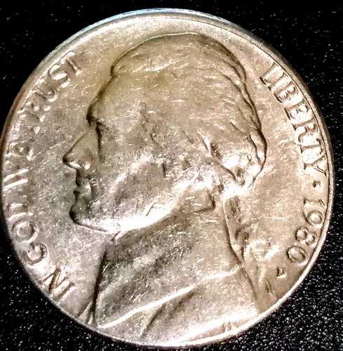 1980-D ジェファーソン ニッケル、ダブルダイ ミントマーク、縁に「IN GOD WE TRUST」