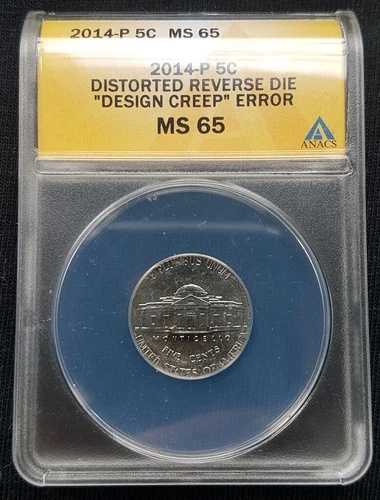 ANACS 2014-P ジェファーソン・ニッケル「歪んだリバースダイ「デザインクリープ」エラー」MS 65