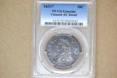 1829/7年胸像ハーフドル - PCGS AU詳細。クリーニング済み。極めて希少！