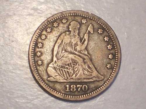 1870年製 シーテッド・リバティ・クォーター（VF、希少、オリジナルチョイス・トーニング、魅力的）