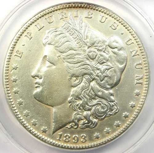 1893 年モーガン シルバー ダラー 1 ドル コイン - ANACS AU50 認定の詳細 - 希少な日付!