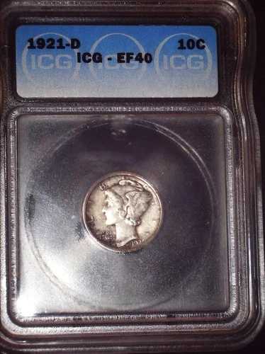 1921-D マーキュリーダイム、ICG、EF40、キー日付、発行フリー
