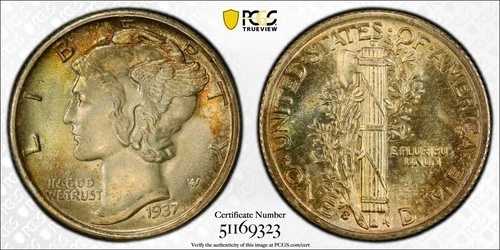 1937-S マーキュリーダイム ~ PCGS MS67FB ~ フルバンド シルバー 10セント ~ トナー ??