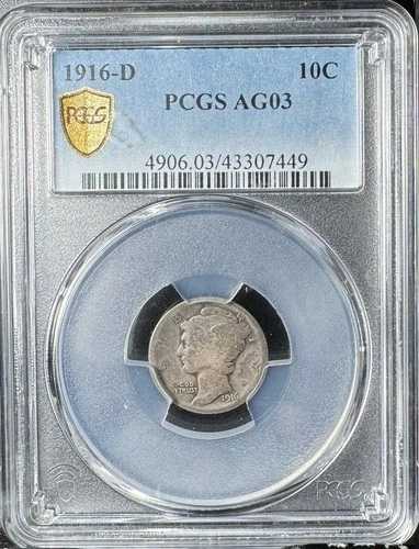 1916-D マーキュリーダイム 10セント、キーデート、PCGS AG 03 #307449