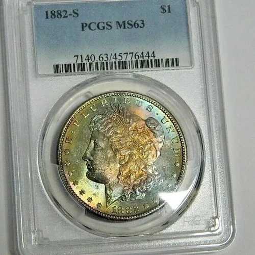 1882-S 1ドルモルガン銀貨 - レインボートーン - PCGS MS63 -