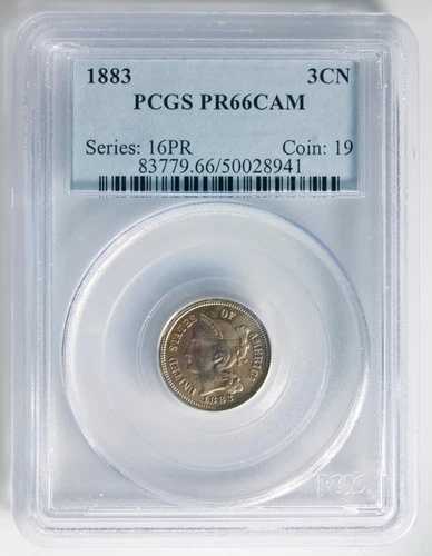 1883年 3セントニッケル PCGS PR66CAM プルーフカメオ 3セント、良好な色調