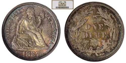 1887年 10セント 自由の女神像 10セント硬貨 NGC MS66 オリジナル「エンベロープトーン」説明を読む