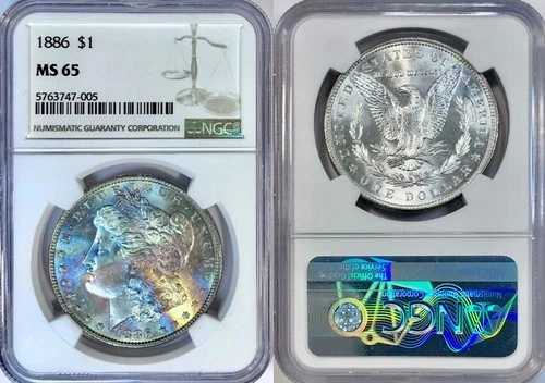 1886-P モルガン銀貨 NGC MS65 ジェム ビブラント アイスブルー EOR レインボートーン