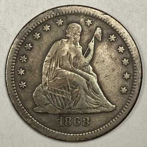 1868-S 着席自由の女神像クォーター金貨。25セント。非常に希少。オリジナルは極めて良好。
