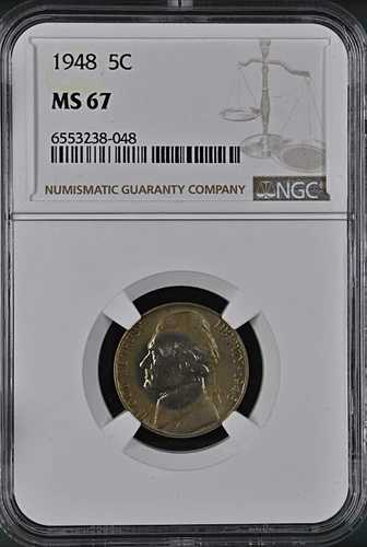 1948年 5C ジェファーソンニッケル NGC MS67 レインボートーニング 6553238-048