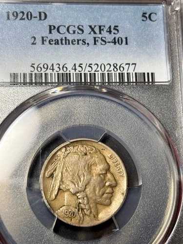 1920 D PCGS-XF-45 バッファローニッケル 希少 -2 フェザー。グレードアップはわずか2枚のみ!!!!
