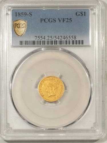 1859-S 1 ドル金貨 - PCGS VF-25、希少な日付、サンフランシスコ! POP-2!