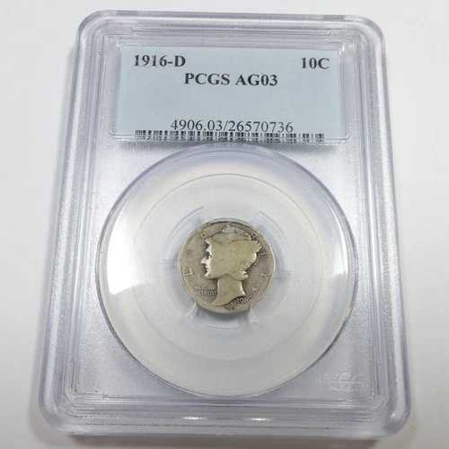 1916 D PCGS AG3 - シルバー マーキュリー ダイム 10セント 米国コイン #57921A