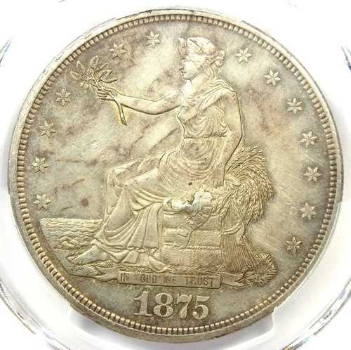 1875-CC トレード シルバー ダラー T$1 - PCGS AU 詳細 チョップ マーク - カーソン シティ コイン!