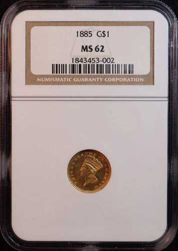1885 年「インディアン プリンセス」金貨タイプ 3 - NGC MS62 - 希少な低鋳造年！