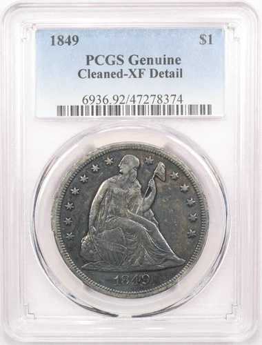 1849 年 着席リバティ シルバー ダラー、PCGS XF 詳細洗浄済み、極めて良好、黒色!