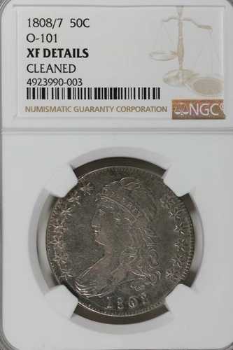 1808/7 50C NGC O-101 XF 細部クリーニング済み、キャップドバストハーフダラー、ミス・リバティ