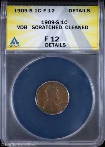 1909-S 1セント VDB リンカーン小麦セント ANACS F 12 詳細