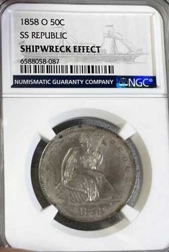 1858-O SS リパブリック NGC 難破船効果！ 着席型リバティ ハーフドル