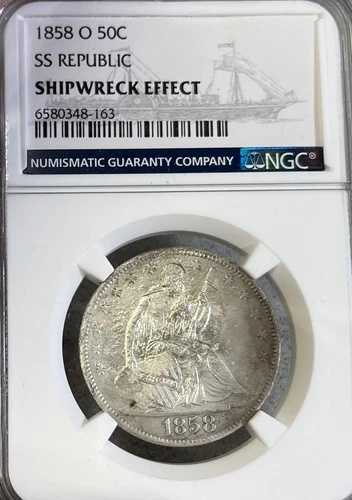 1858-O SS リパブリック NGC 難破船効果！ 着席型リバティ ハーフドル