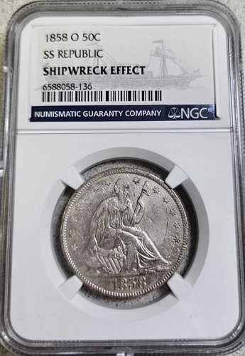 1858-O SS リパブリック NGC 難破船効果！ 着席型リバティ ハーフドル｜WORLD RESOURCE【QUEEN店】