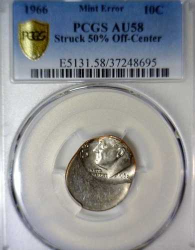 1966年 エラー PCGS AU58 50%オフ センター ルーズベルト ダイム CH AU コイン 希少 DT O/C NR