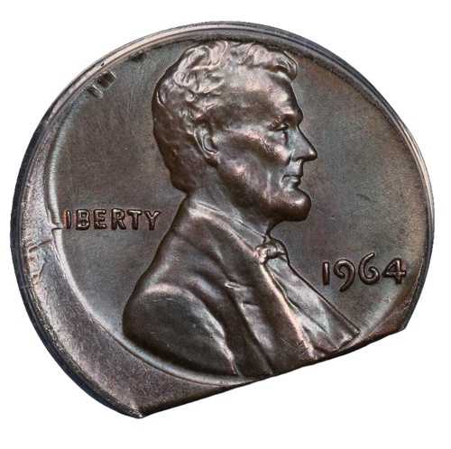 1964年製セント硬貨、直線切り抜き板金に15%オフセンターで打刻、ANACS MS-64ロットD037 89,540円