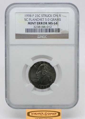 1998-P ワシントン 25C 5C プランシェットに打刻 5 g、NGC MINT ERROR MS64 #B54330｜WORLD RESOURCE【QUEEN店】