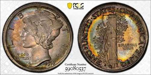 1916 S マーキュリー シルバー ダイム 10C PCGS MS 61 (見事なレインボー トーン!!!)|WORLD RESOURCE【QUEEN店】