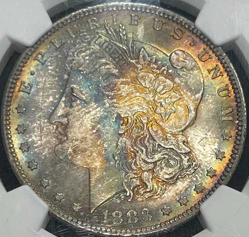 1883-O NGC MS65+ モーガン シルバー $1 - 見事なレインボー トーンの例!|WORLD RESOURCE【QUEEN店】