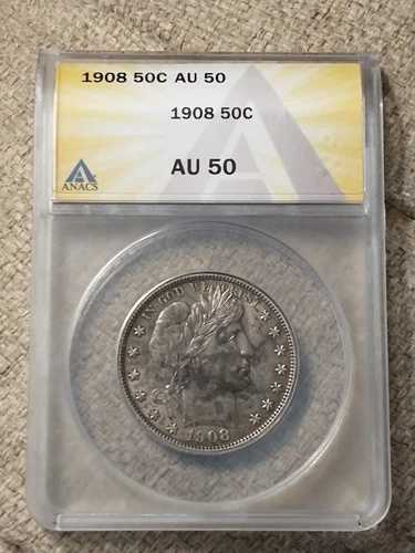 1908年製 低鋳造銀バーバーハーフドル、ANACS AU 50、トーン