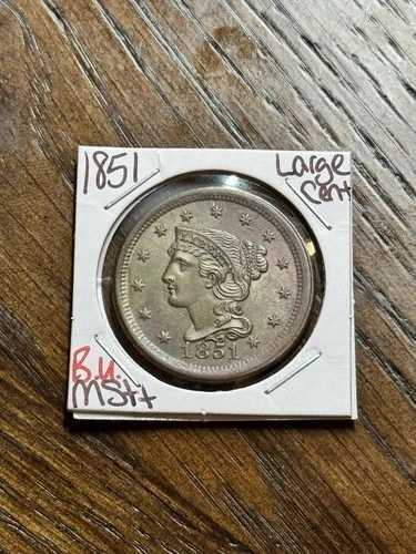 1851年製 編み込みヘア ラージセント 素晴らしい BU 未流通 MS+ US 1セントタイプコイン (18490