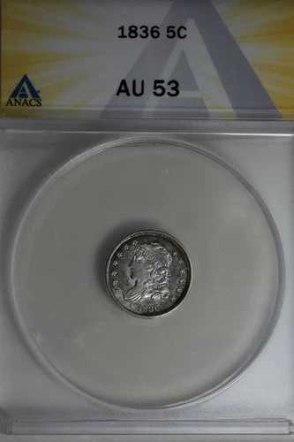 1836 .05 ANACS AU 53 1800年代のハーフダイム、キャップ付き胸像ハーフダイム