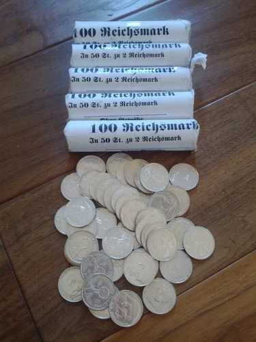 **1937-1939 2 ライヒスマルク硬貨、スワスティカ付き、ドイツ、希少、EF-AU 状態!**