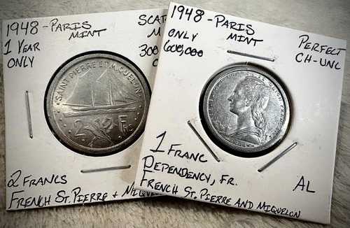 1948 フランス サンピエール & ミクロン、1 & 2 フラン、GEM UNC 2 パック｜WORLD RESOURCE【QUEEN店】