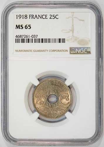 25 サンタイム 1918 フランス コイン - NGC MS-65