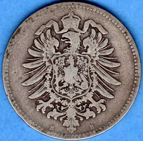 ドイツ 1877 B 1 1マルク銀貨 KM #7 - 非常に良い