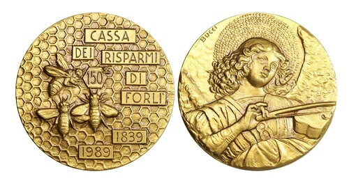O709、イタリア、1989年、巨大銅メダル、フォルリ信用銀行、ミツバチ、養蜂、COA