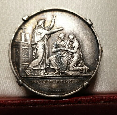 1842年 歴史的銀製結婚記念 33mmブローチ メダル ゲイラード クリスチャン ウェディング製
