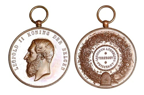 P031、ベルギー、1890年頃 ブロンズメダル、養蜂、蜂の巣、ベルギー国王レオポルド2世