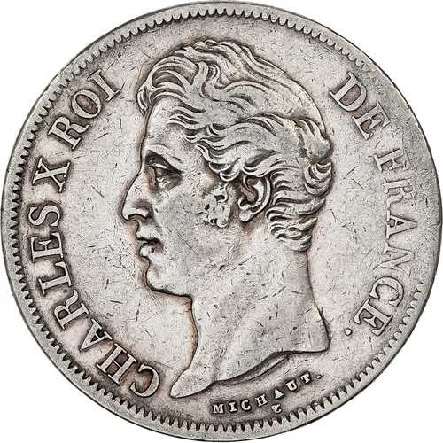 [#638181] フランス、シャルル10世、5フラン、1827年、マルセイユ、銀貨、EF、ガドゥリー:644