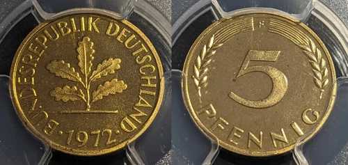西ドイツ連邦共和国 1972年 F プルーフ 5 ペニッヒ PCGS PR66CAM KM#107 2/0 POP