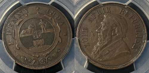 南アフリカ 1894年 1D ペニー PCGS KM# 2 環境損傷-AU 詳細 #1114