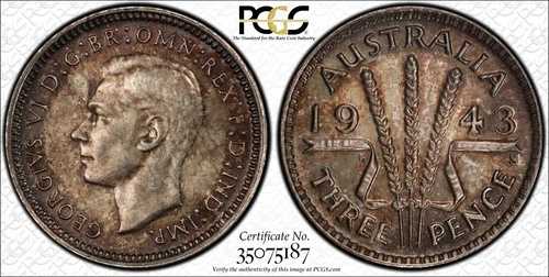 1943年 S Threepence 3d オーストラリア PCGS MS63 CHOICE UNC #3525