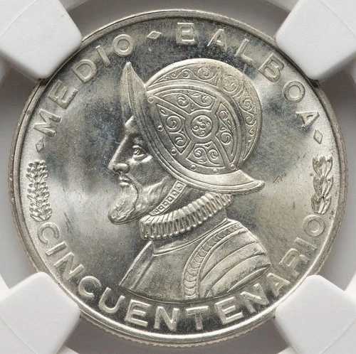 1953 パナマ 1/2 バルボア シルバー 0.900 1/2B ファイン共和国記念日コイン NGC MS65-