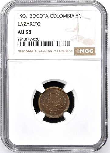 1901年 コロンビア ラザレト ハンセン病記念館 5センターボ トークン、NGC AU 58、KM-L2