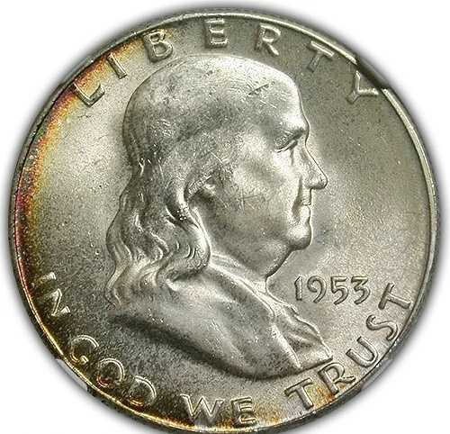 1953年 S フランクリン ハーフダラー NGC MS 65 鮮明で輝くホワイトシルバー、薄い